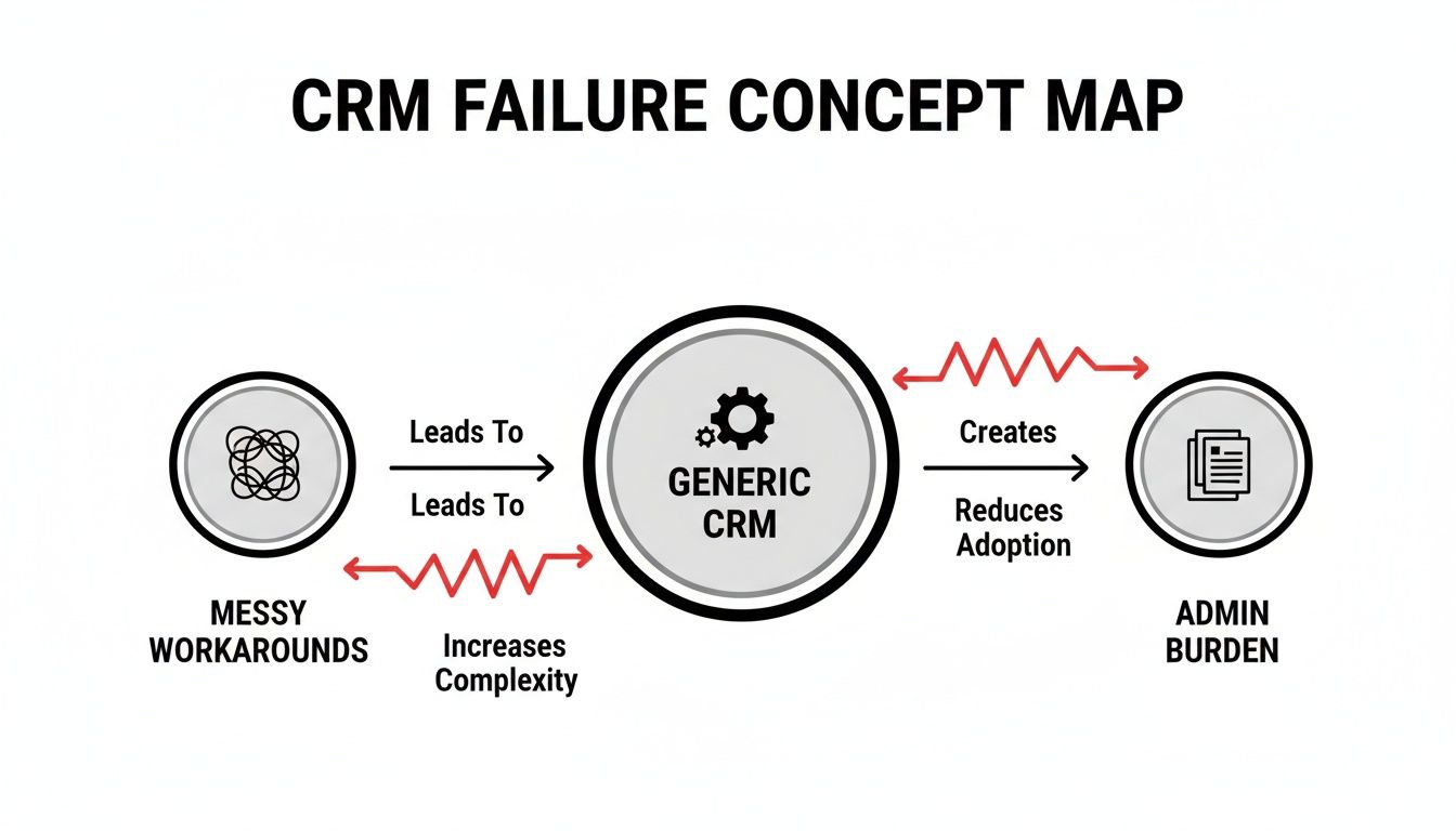 Concept map illustrating how a generic CRM leads to messy workarounds, admin burden, and reduced adoption.