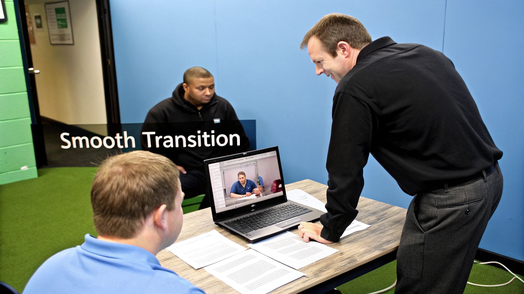 Three men engage in a discussion, viewing a laptop displaying a video call in an office.