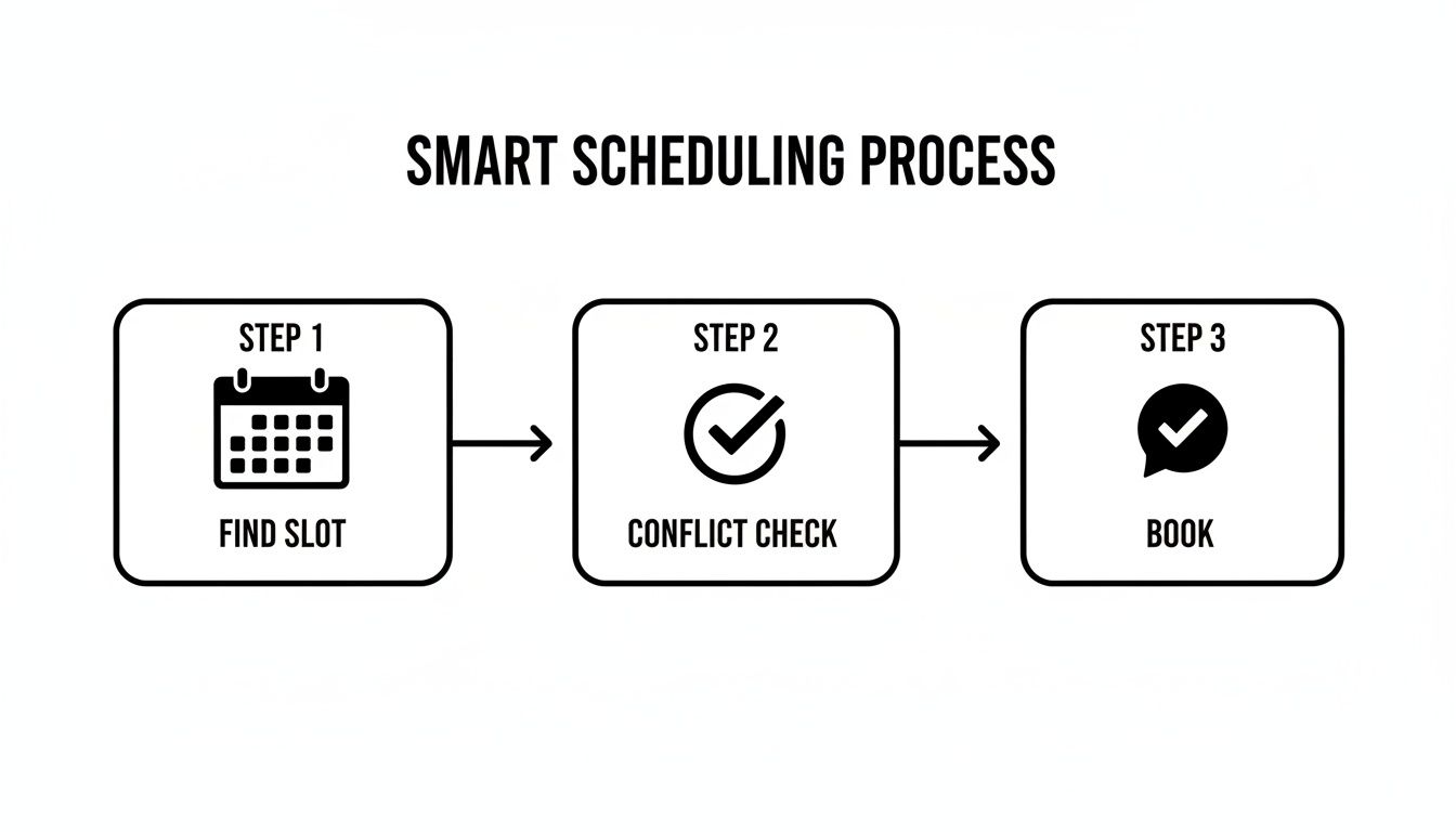 Diagram illustrating a smart scheduling process with three steps: find slot, conflict check, and book.