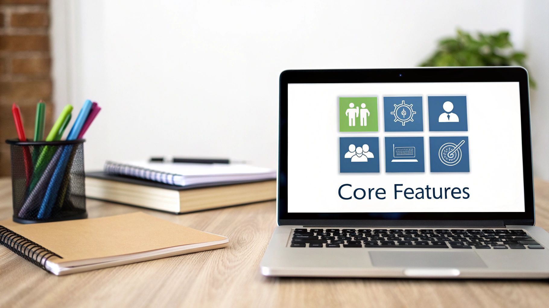 A laptop displaying 'Core Features' and various icons on a desk with notebooks and pens.