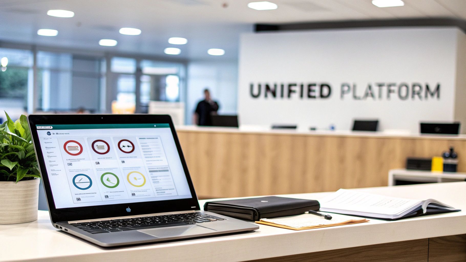 A laptop on a white desk displays a data dashboard, with 'UNIFIED PLATFORM' in the background.