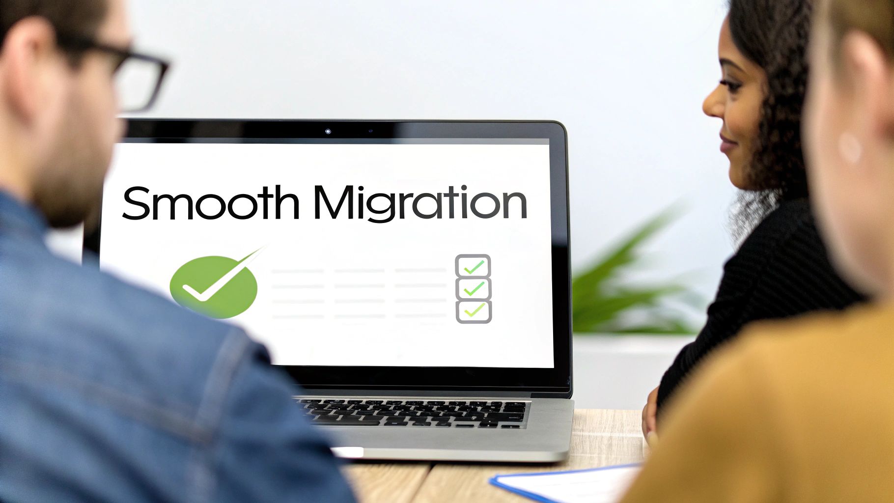 A laptop screen displays 'Smooth Migration' with a large green checkmark and smaller checklist items.