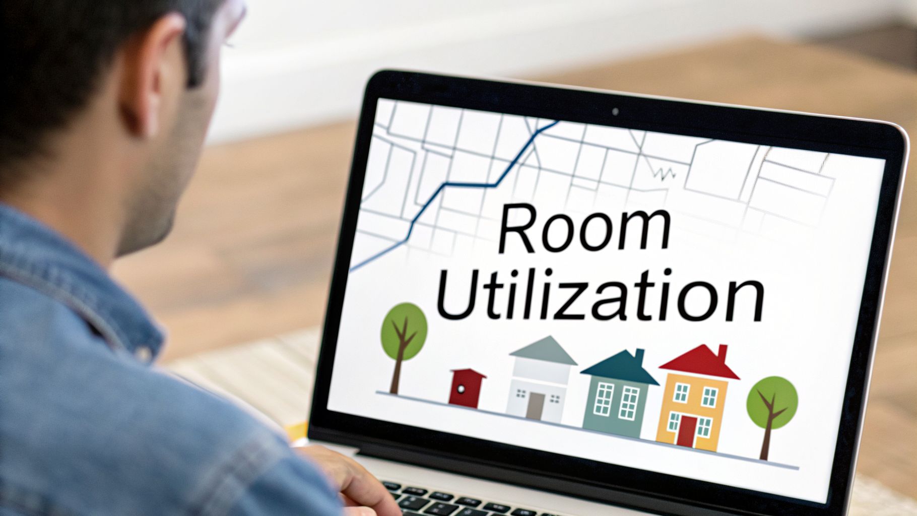 A person looks at a laptop screen displaying "Room Utilization" text, houses, and a trend graph.