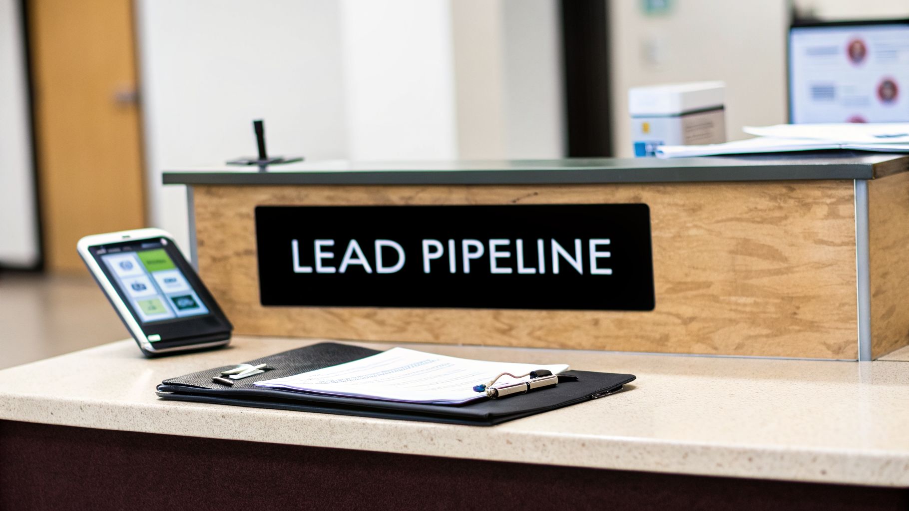 A reception desk with a 'LEAD PIPELINE' sign, tablet, and documents, suggesting a business environment.