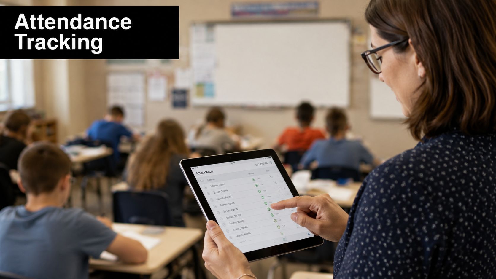 A teacher holds a tablet to track student attendance in a busy classroom with children studying.