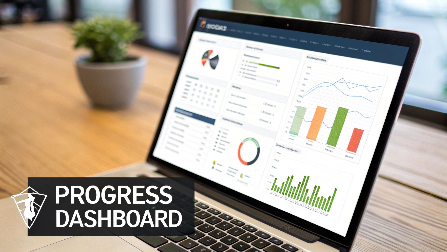 Laptop displaying a progress dashboard with various charts, graphs, and data visualizations on a desk.