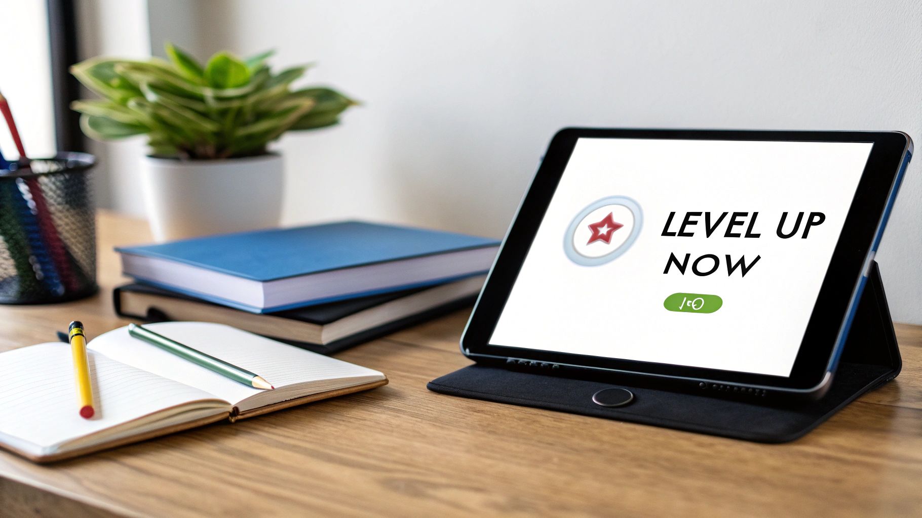 Tablet displaying 'LEVEL UP NOW' with gamification elements on a desk with books and pencils.