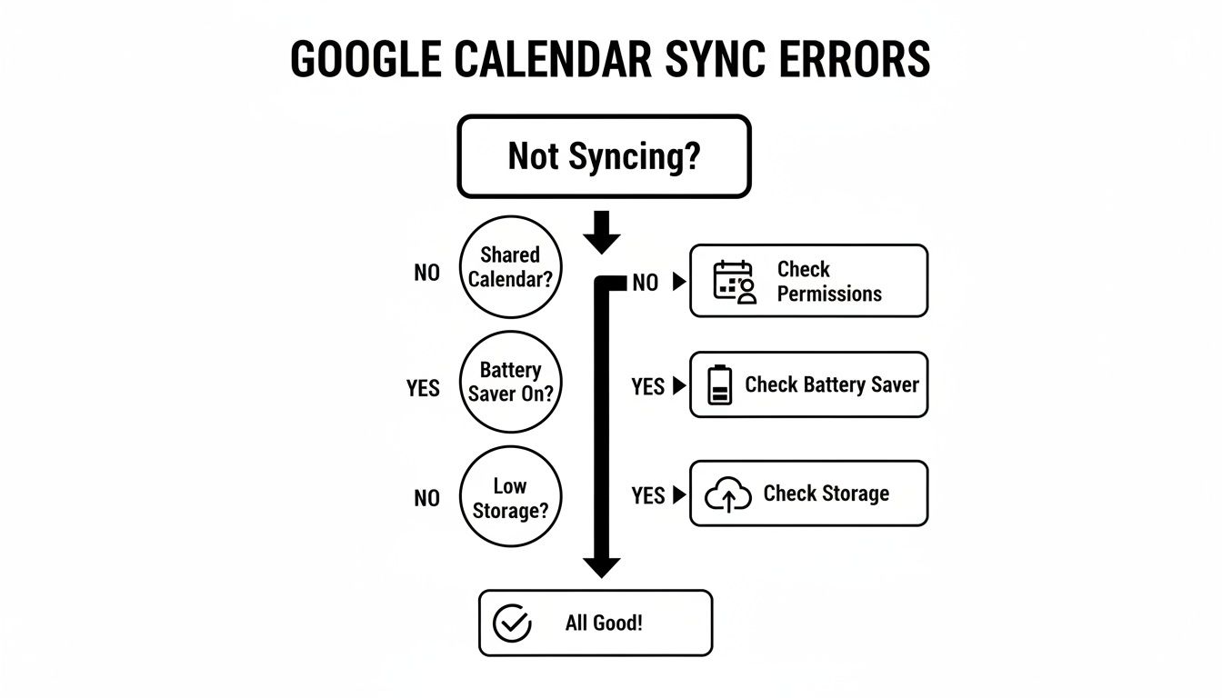 Flowchart detailing steps to troubleshoot Google Calendar sync errors, covering permissions, battery saver, and storage.