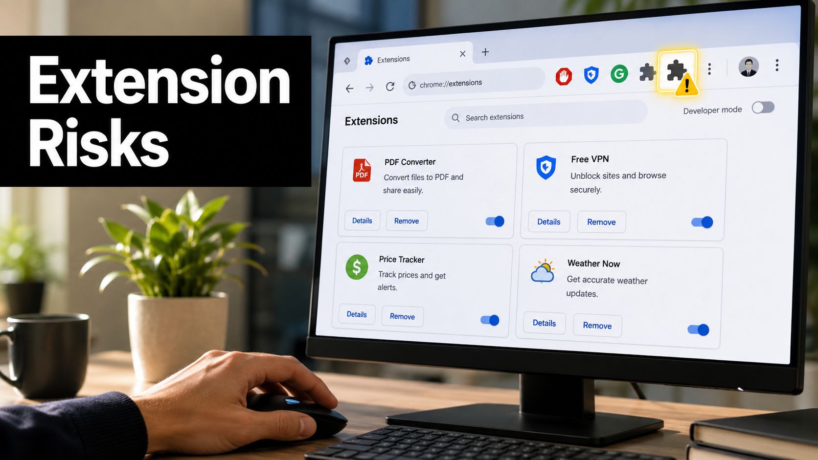 A user navigating browser extensions on a computer screen, highlighting potential security risks in web add-ons.
