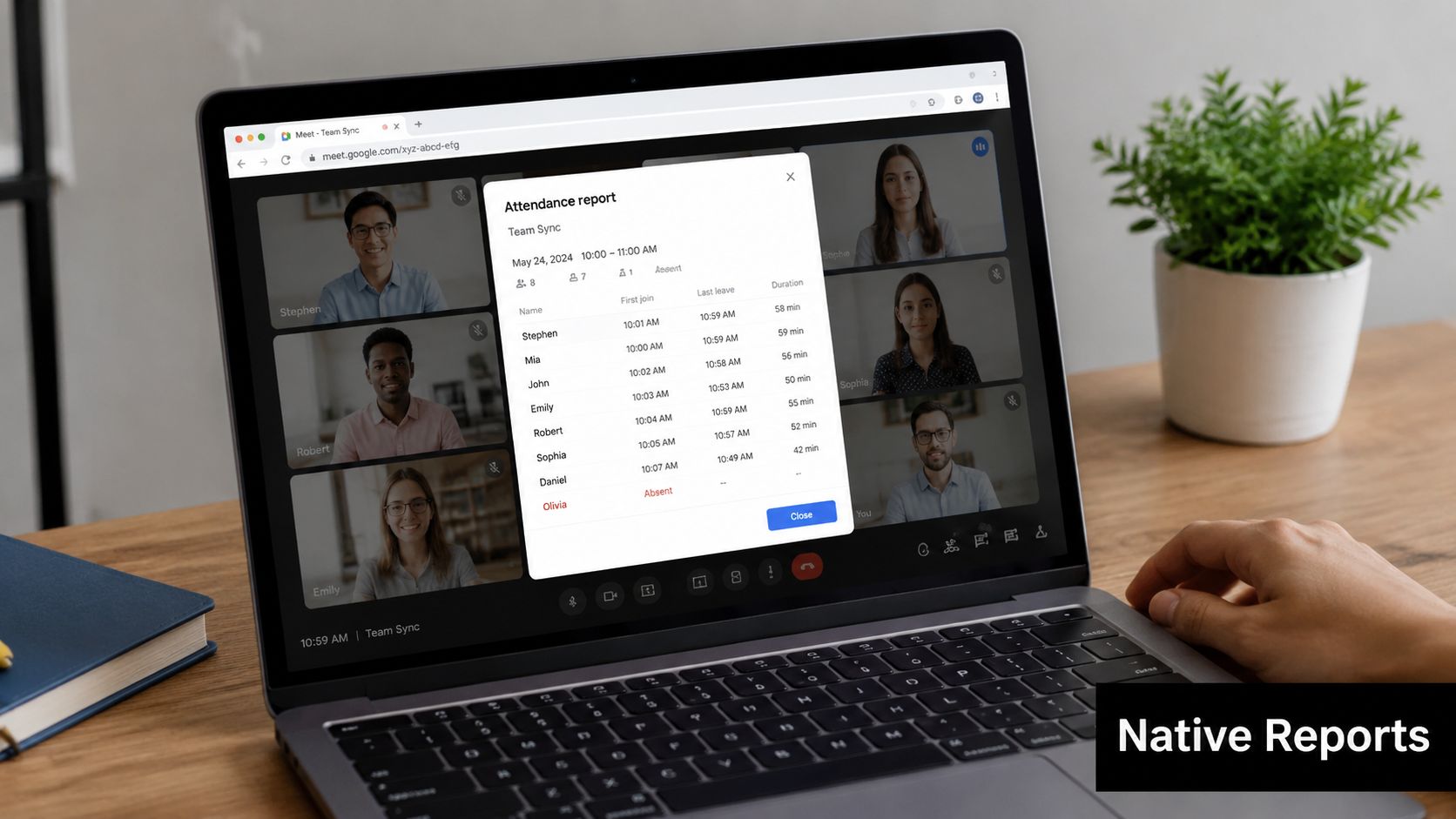 A laptop screen displaying a Google Meet attendance report for a team meeting with participant join times.