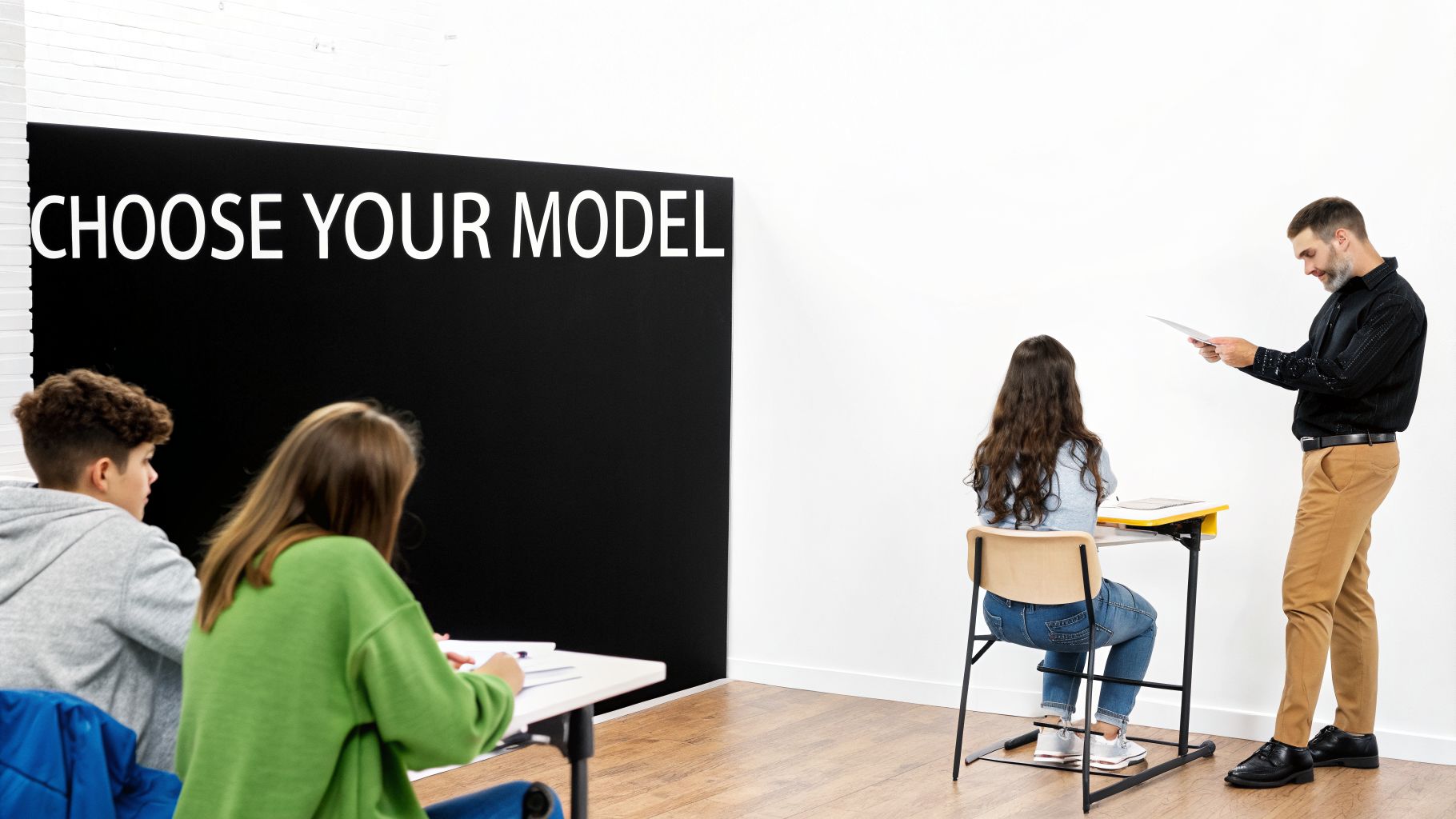 A male teacher instructs students in a classroom with a blackboard displaying 'CHOOSE YOUR MODEL'.