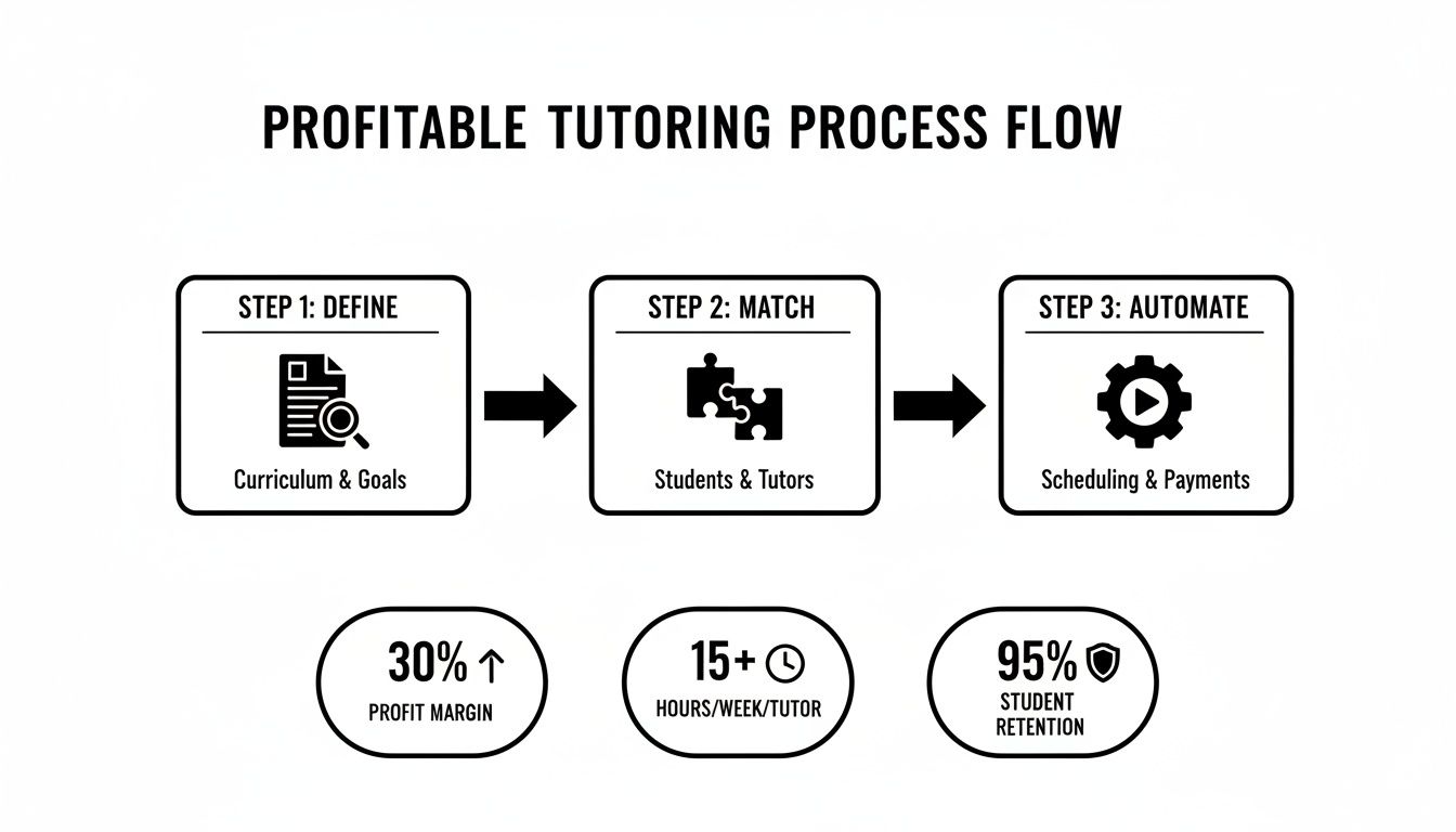 A flowchart illustrates a profitable tutoring process with steps: Define, Match, Automate, showing 30% profit margin, 15+ hours/week/tutor, and 95% student retention.