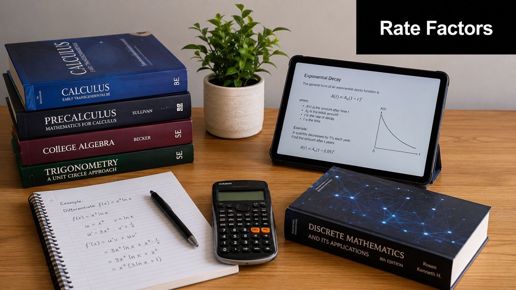 A wooden desk featuring math textbooks, a notebook with calculus notes, a tablet, and a calculator.