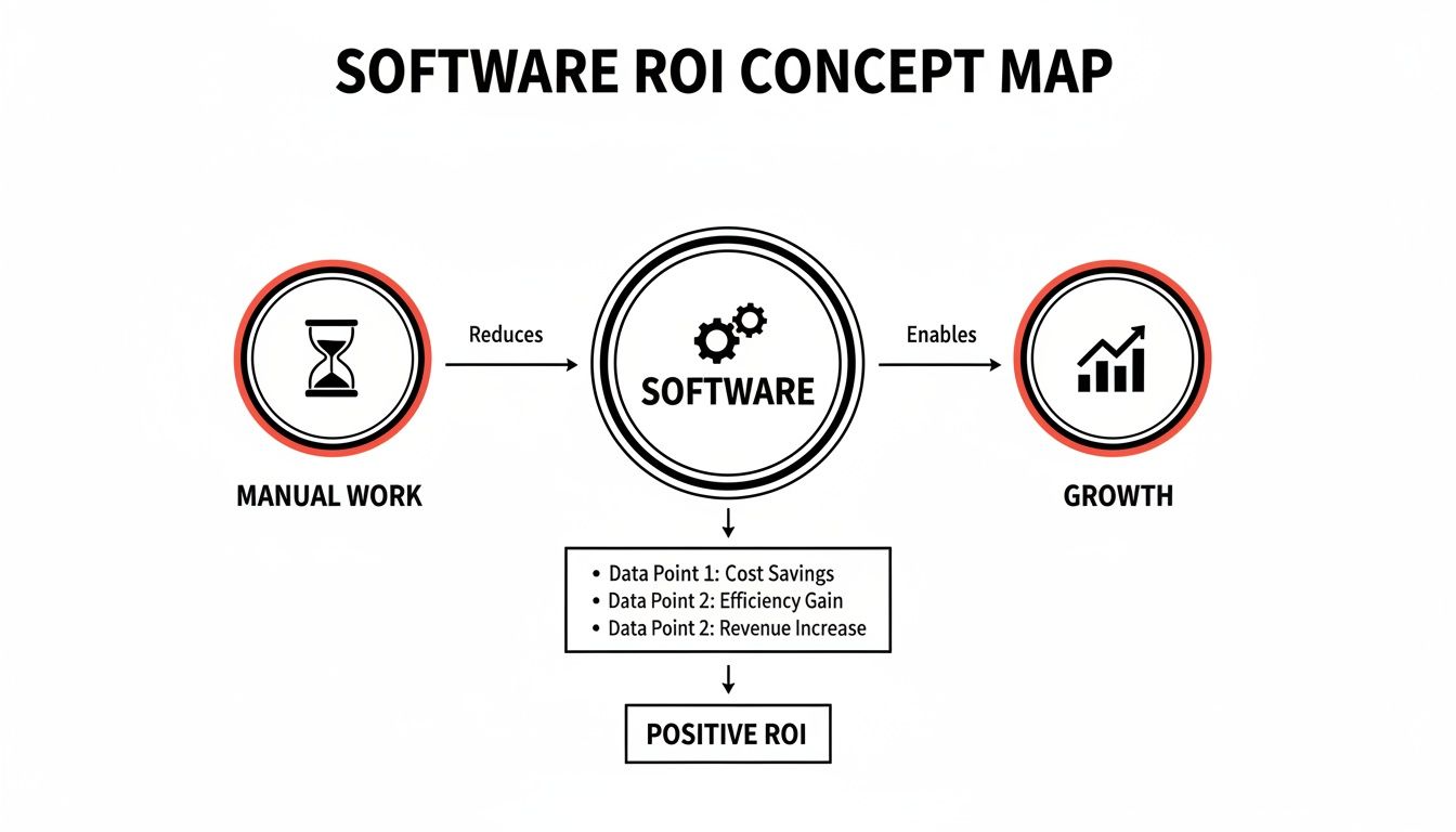 A concept map illustrating software's return on investment (ROI) by reducing manual work and enabling growth, leading to positive ROI.