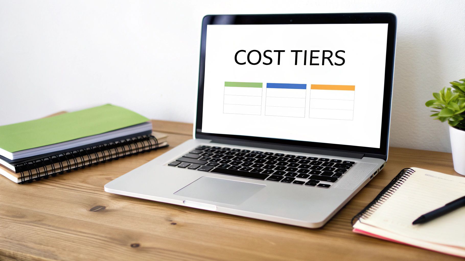 Laptop on a wooden desk showing 'COST TIERS' chart, with notebooks and a green plant.