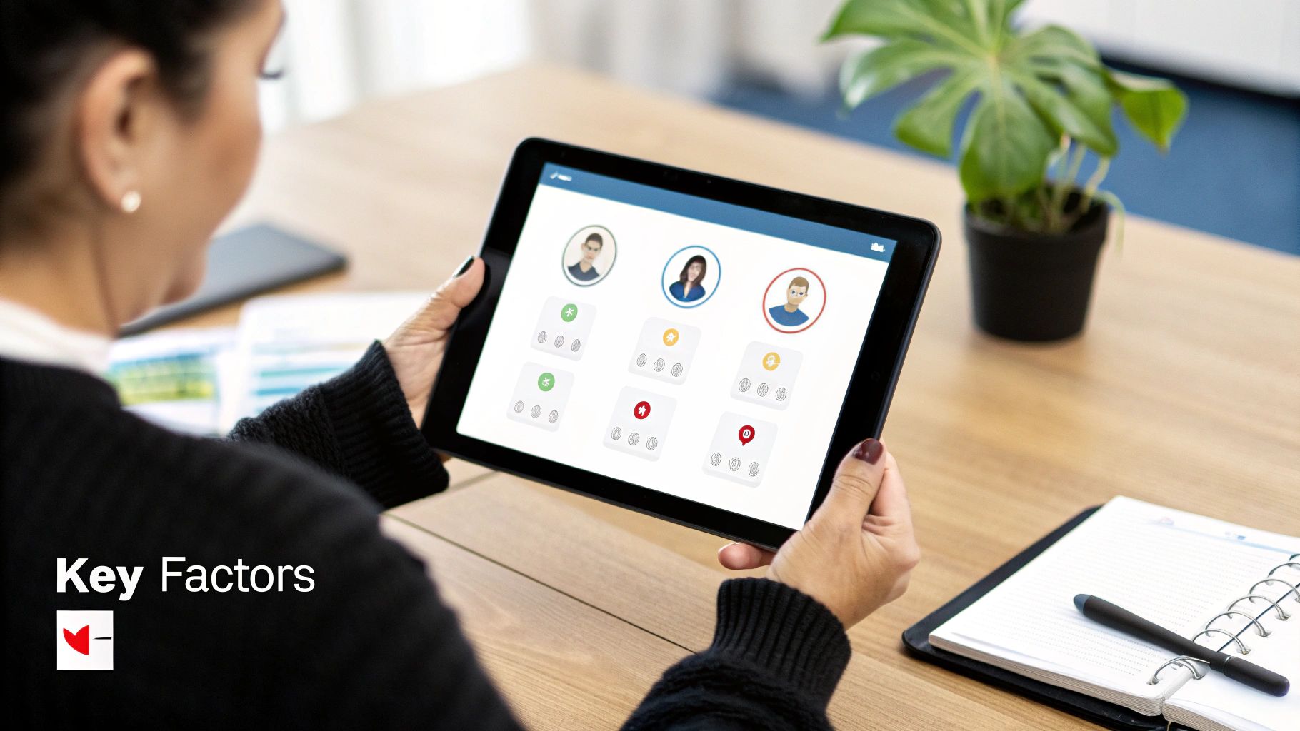 Person using a tablet displaying a software interface with user profiles and data cards on a wooden desk.