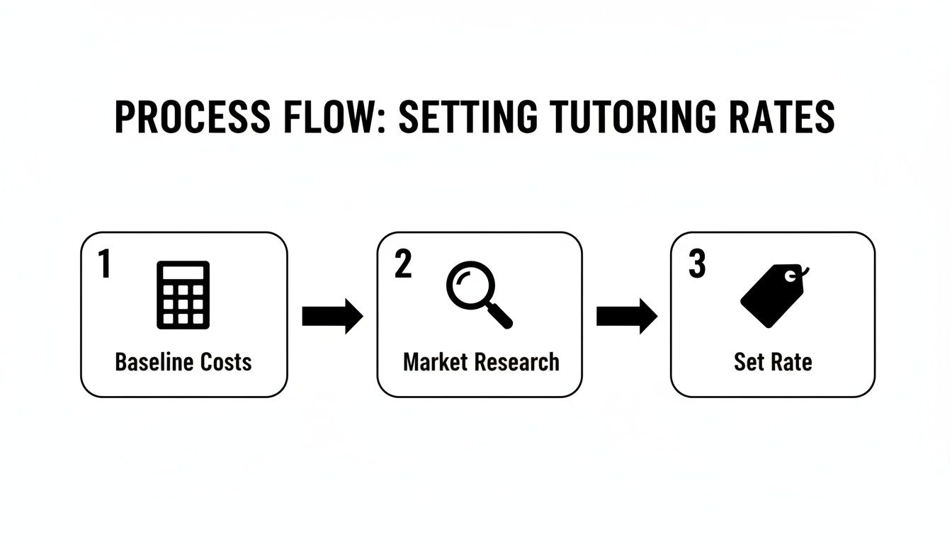 A three-step process flow for setting tutoring rates, covering baseline costs, market research, and final rate setting.