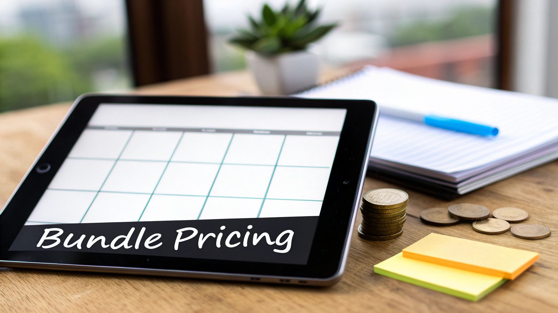 A tablet displays 'Bundle Pricing' on a screen with a grid, surrounded by coins and sticky notes on a wooden desk.