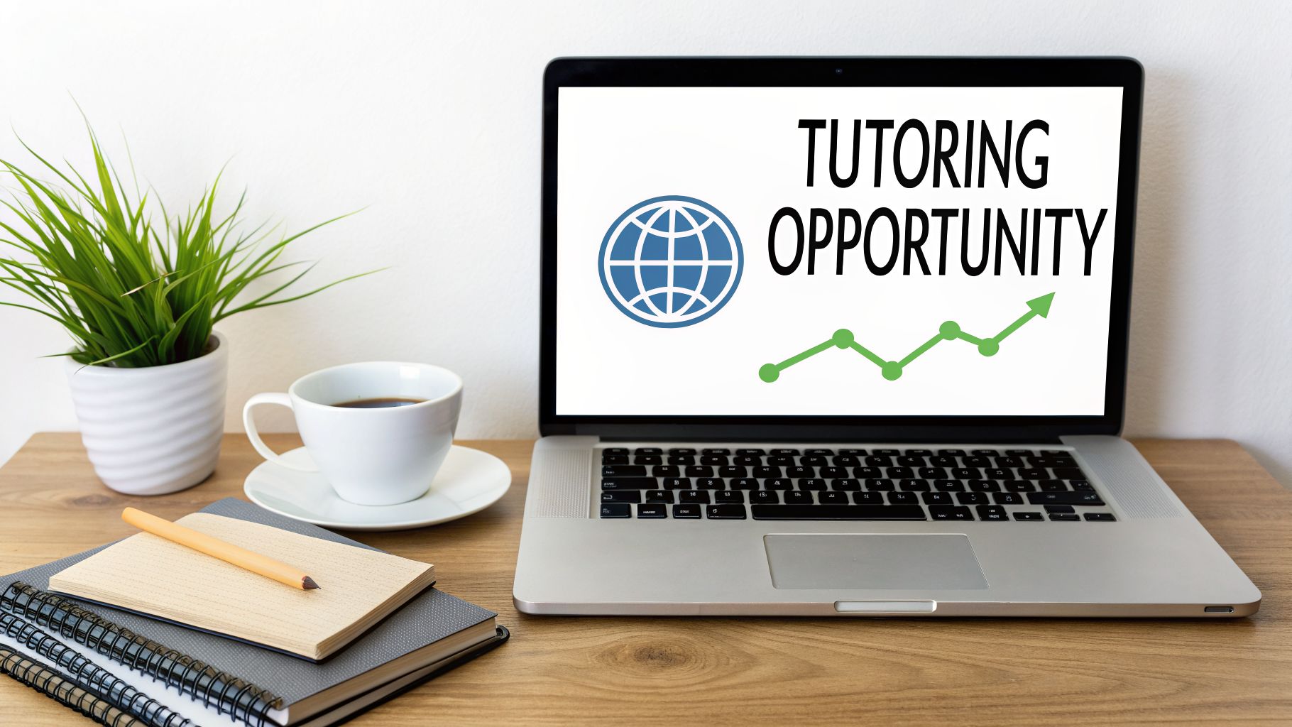 A laptop displaying "Tutoring Opportunity" on a desk with coffee, a plant, and notebooks.