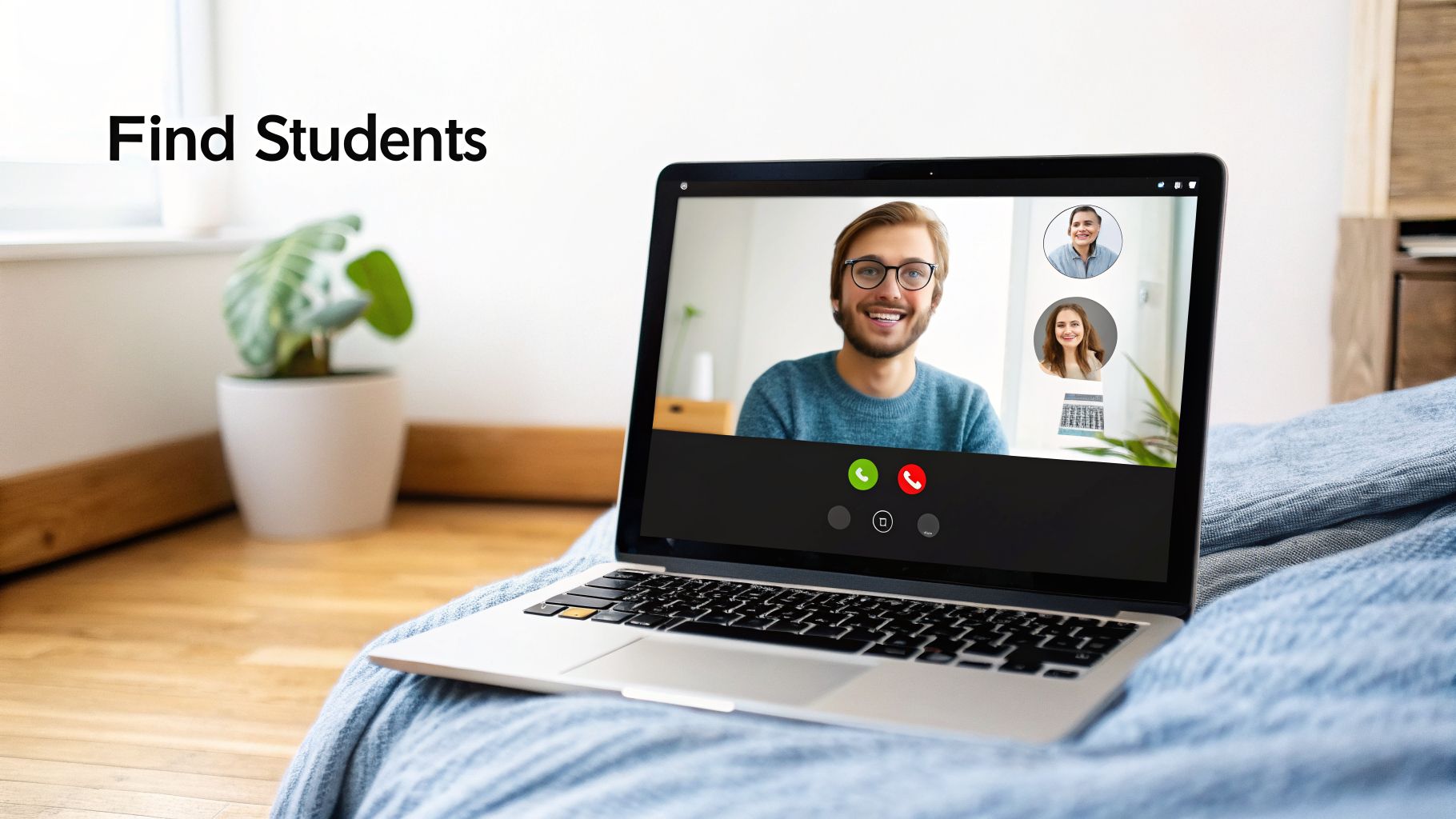 A laptop on a blue blanket showing an online video call with students and a tutor.