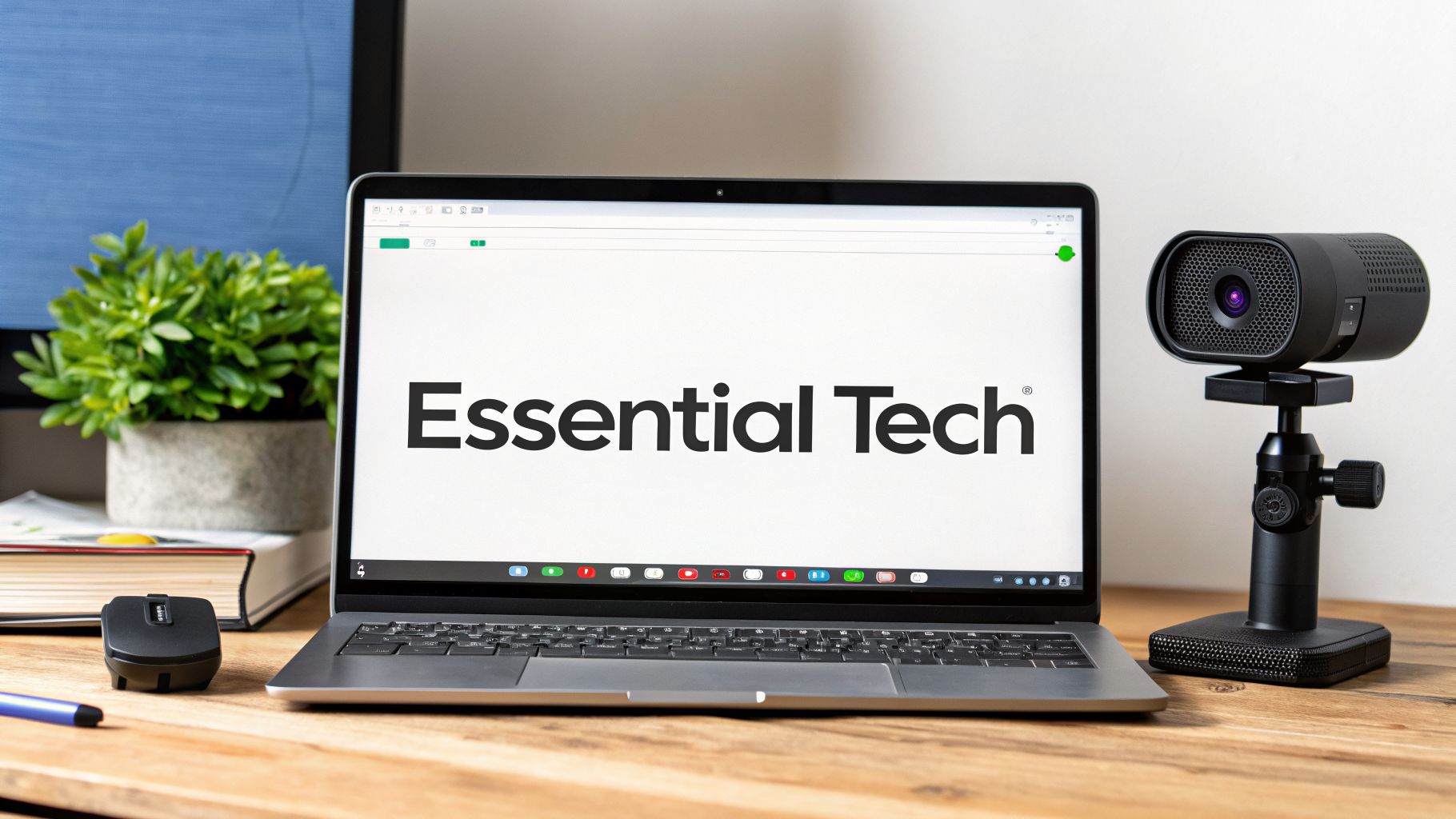 A modern tech workspace featuring a laptop showing 'Essential Tech', a webcam, and mouse on a wooden desk.