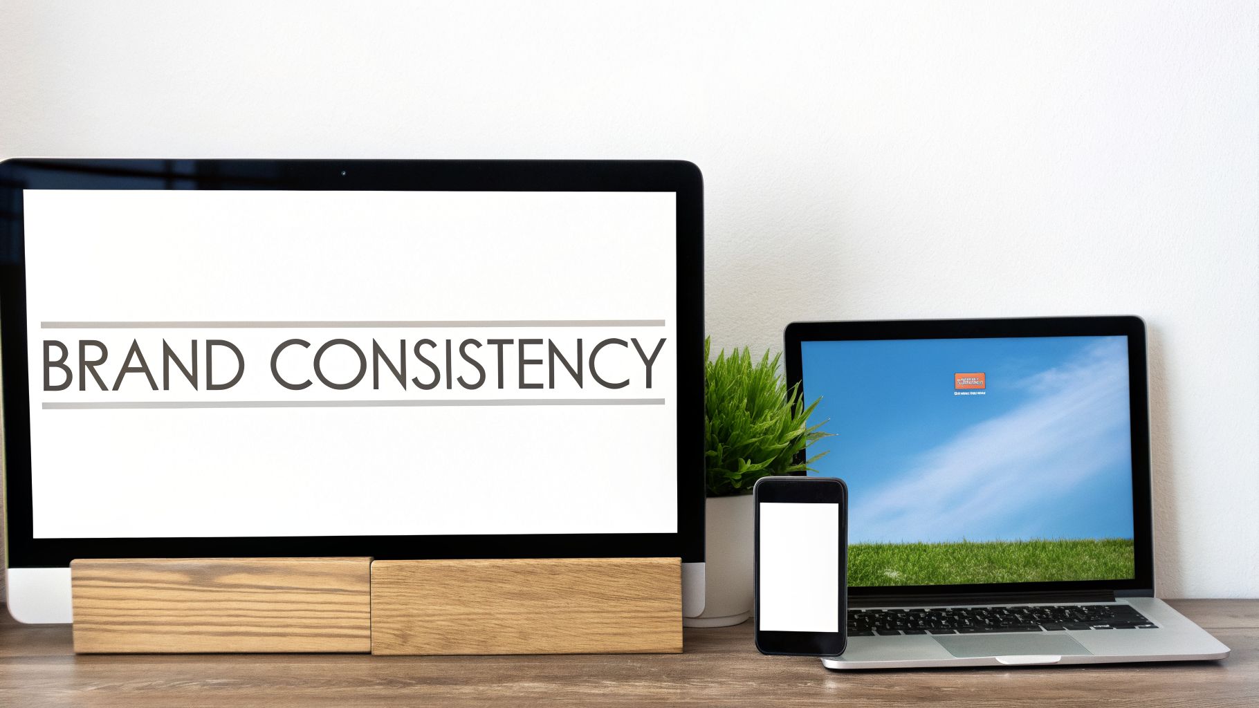 A modern workspace setup with a monitor displaying 'BRAND CONSISTENCY', a laptop, and a smartphone.