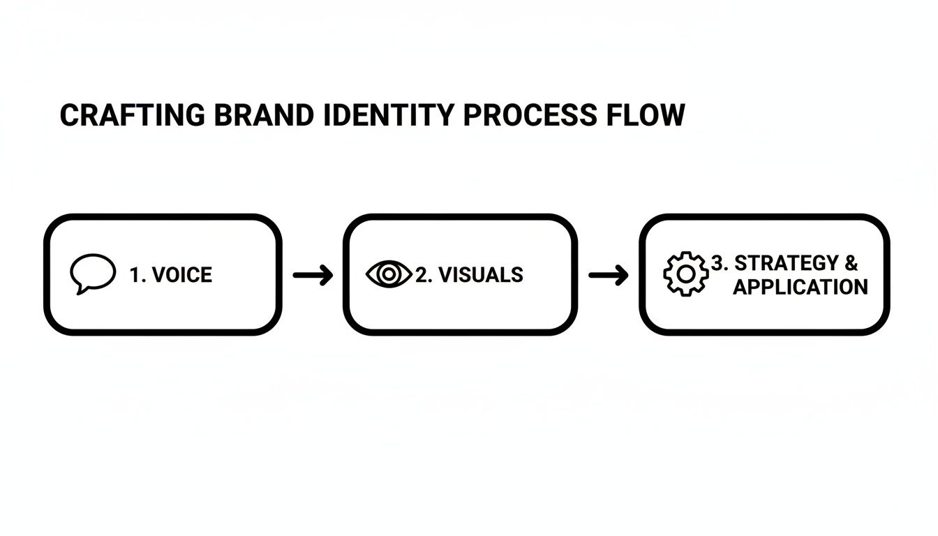 A three-step process flow diagram illustrating how to craft brand identity: Voice, Visuals, and Strategy & Application.