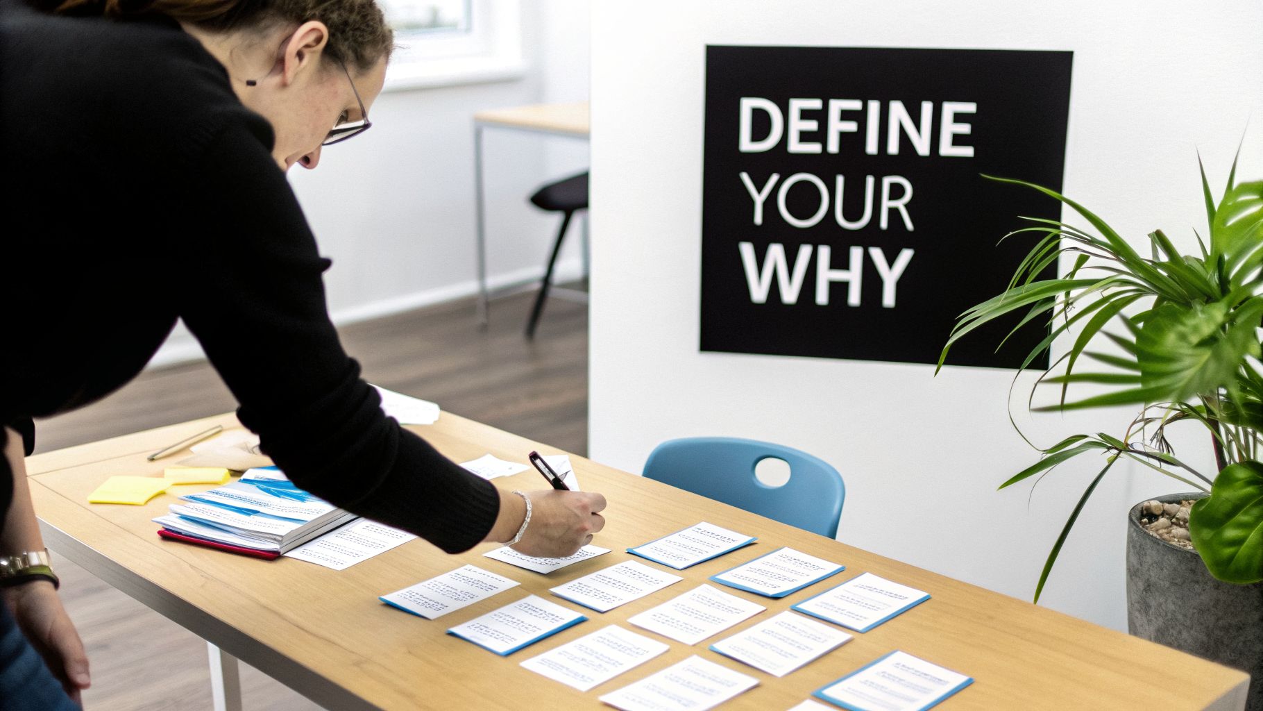 A person in a black sweater writes notes on small cards at a table, near a 'DEFINE YOUR WHY' sign.