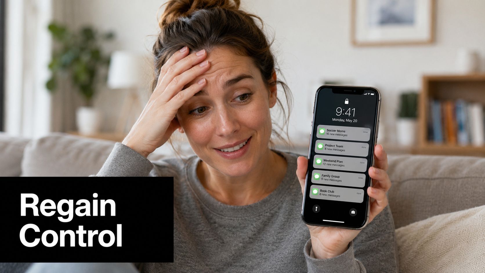 A woman holding her smartphone looking stressed by numerous group chat notifications on the locked screen.