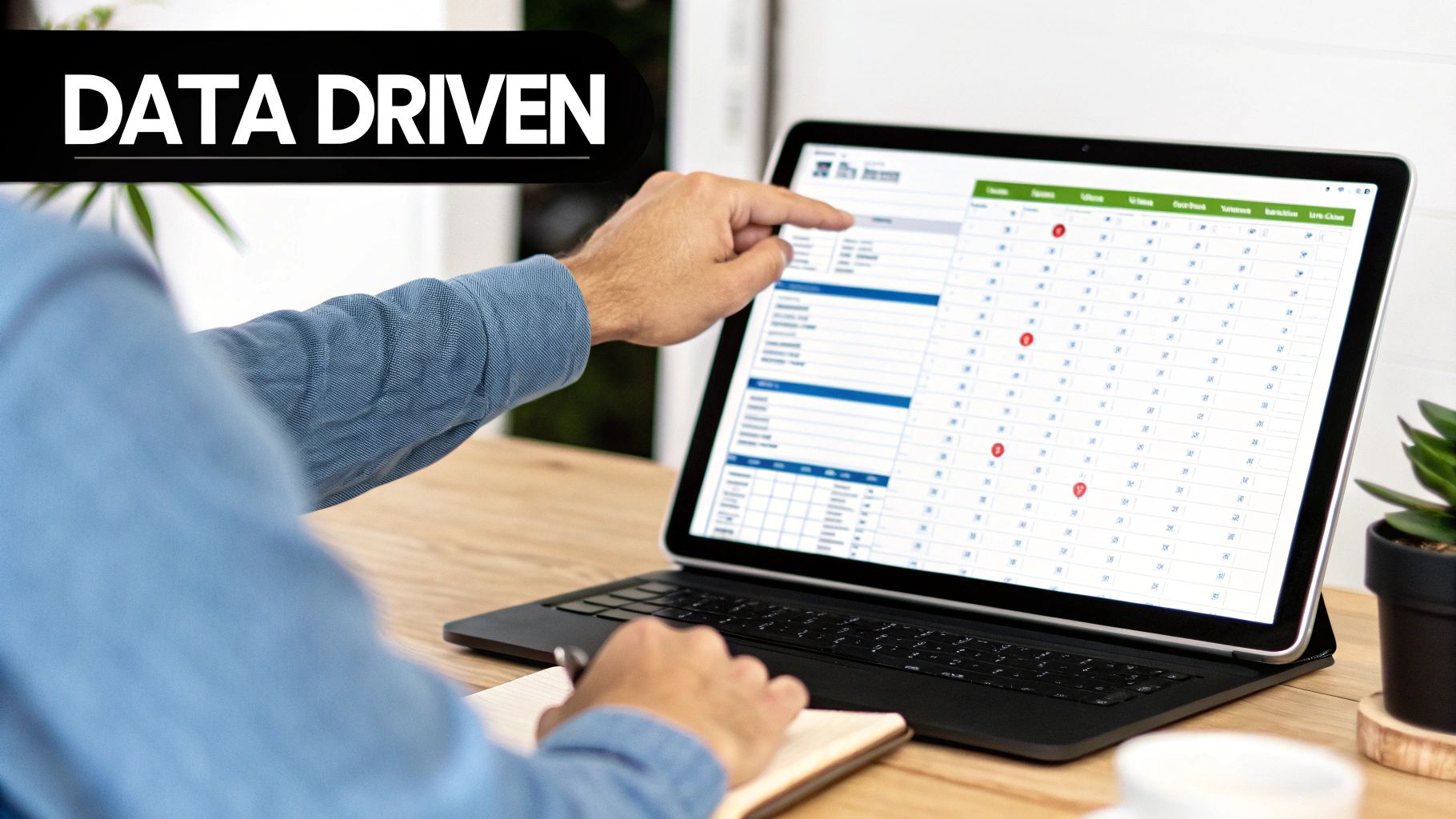 A person analyzing a data spreadsheet on a laptop screen, highlighting data-driven decisions.