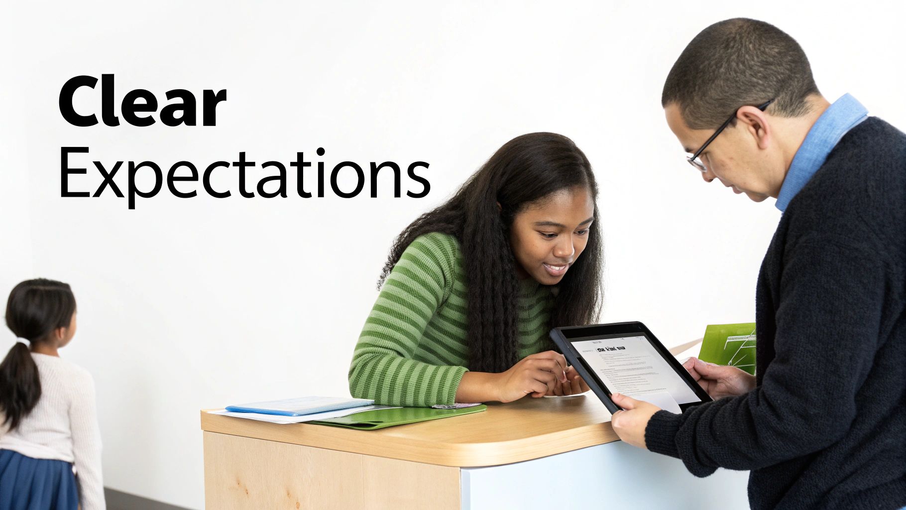 An adult helps a student with a tablet, while a child watches, under 'Clear Expectations' text.