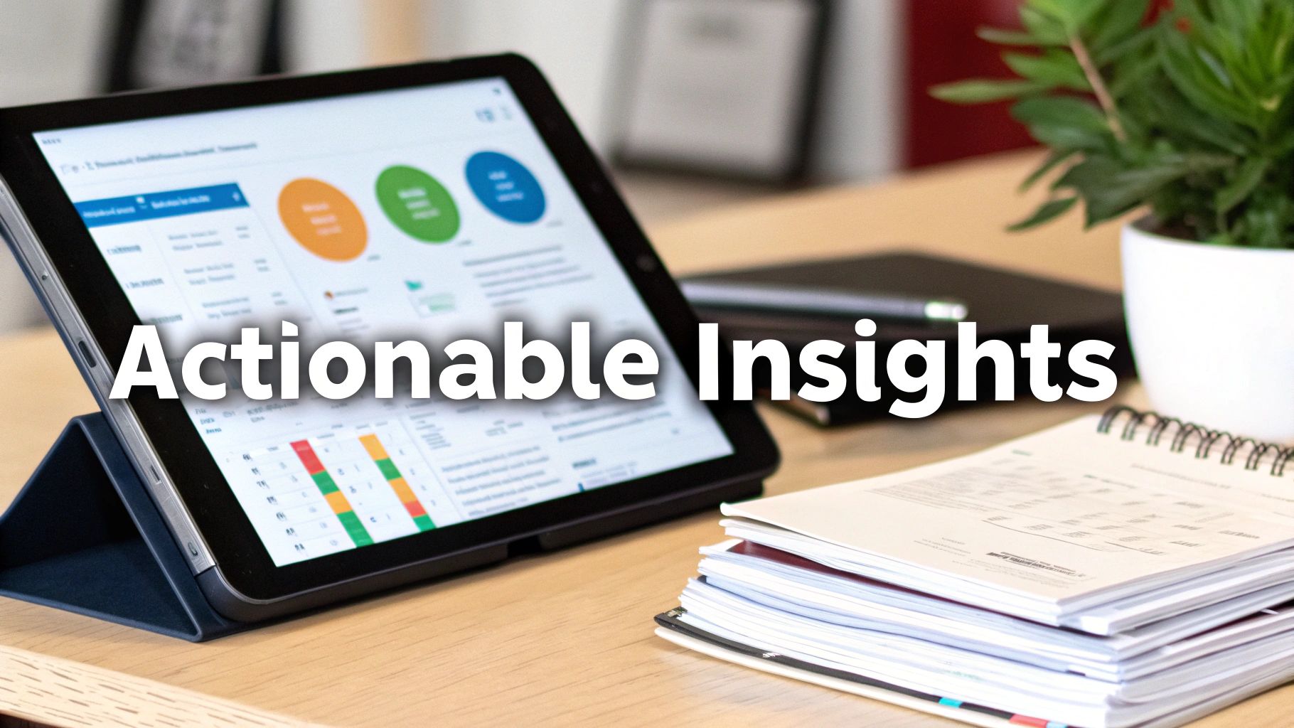 A tablet on a wooden desk displays actionable insights and data analytics charts.