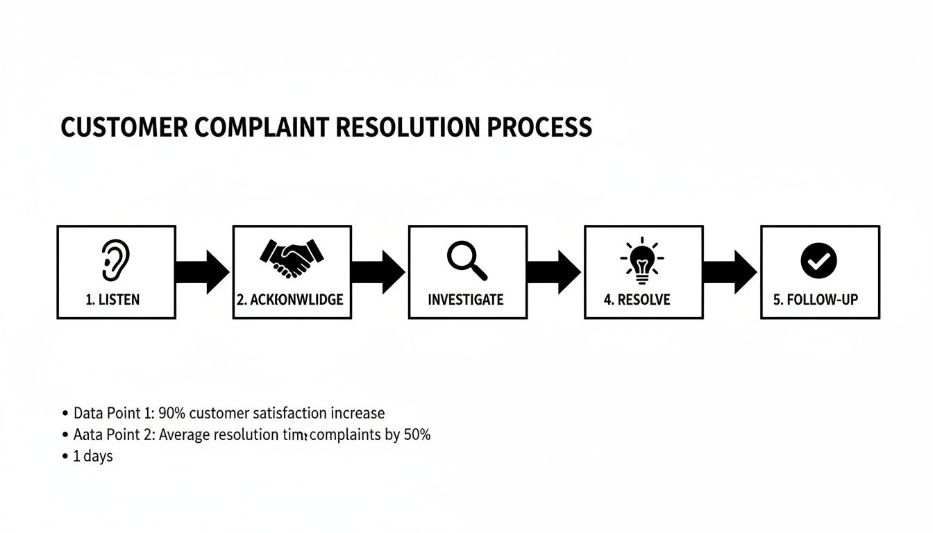 Flowchart detailing a customer complaint resolution process with 5 steps: Listen, Acknowledge, Investigate, Resolve, Follow-up, and key data points.