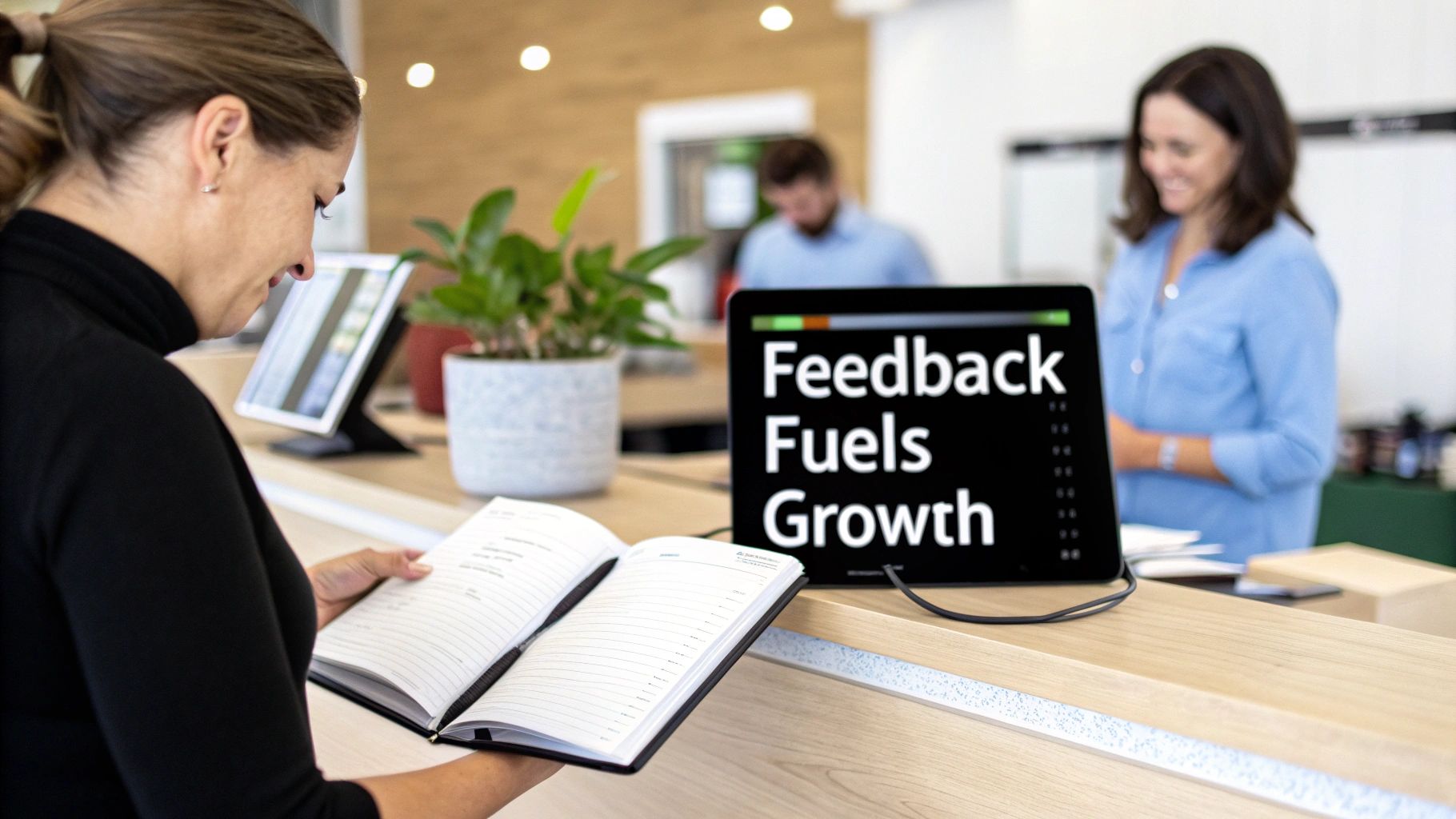 A woman reads a notebook at a counter, with a digital display promoting "Feedback Fuels Growth."