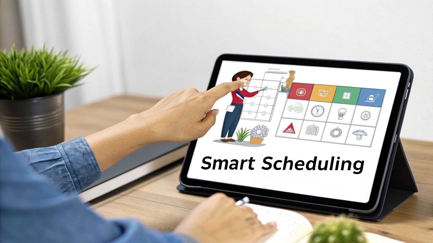 A person uses a tablet displaying a 'Smart Scheduling' application with colorful icons and illustrations.