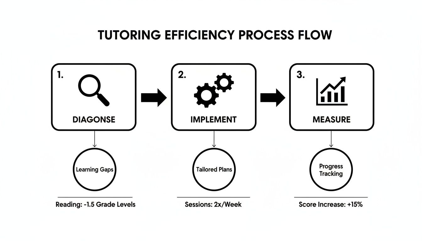Tutoring efficiency process flow diagram showing steps: Diagnose, Implement, and Measure progress.
