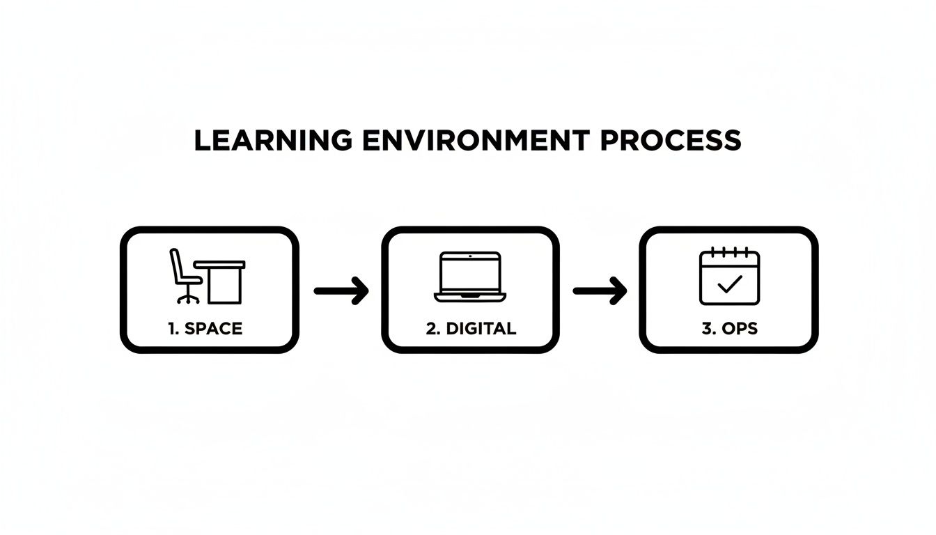 A flowchart illustrates the learning environment process with three stages: Space, Digital, and Ops.