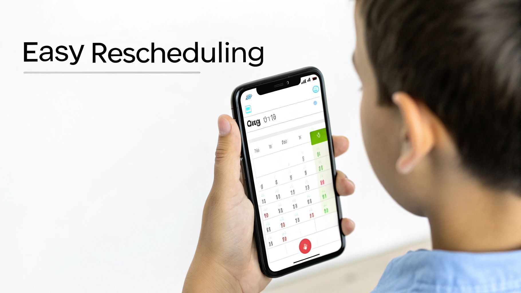 A hand holds a smartphone displaying a calendar app, with 'Easy Rescheduling' text visible.