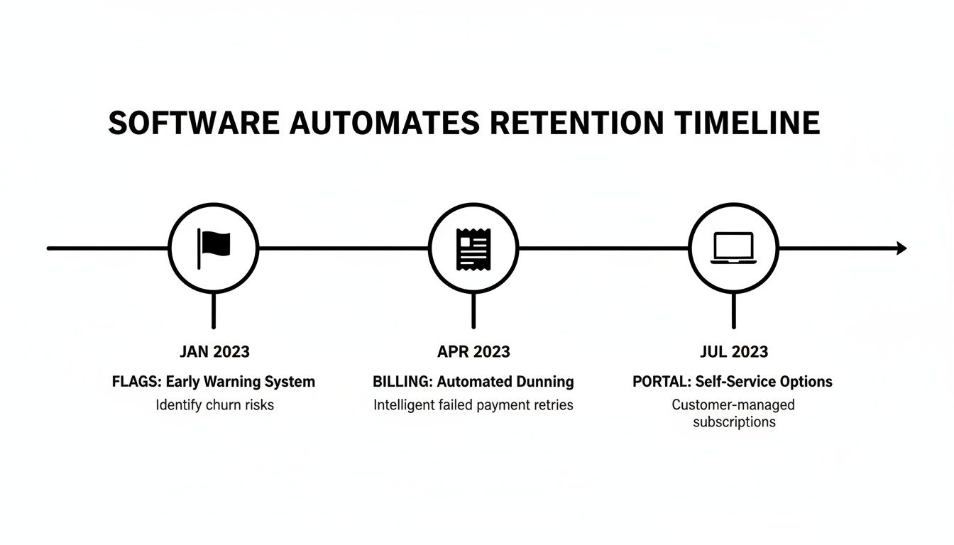 Timeline illustrating software automation for customer retention, featuring early warning, automated billing, and self-service.