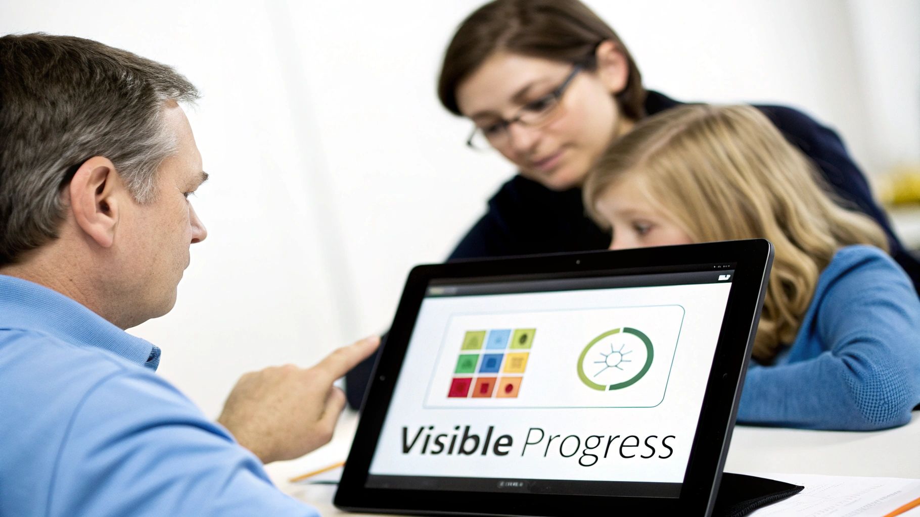 An adult male points at a tablet displaying 'Visible Progress,' while a woman and girl observe.