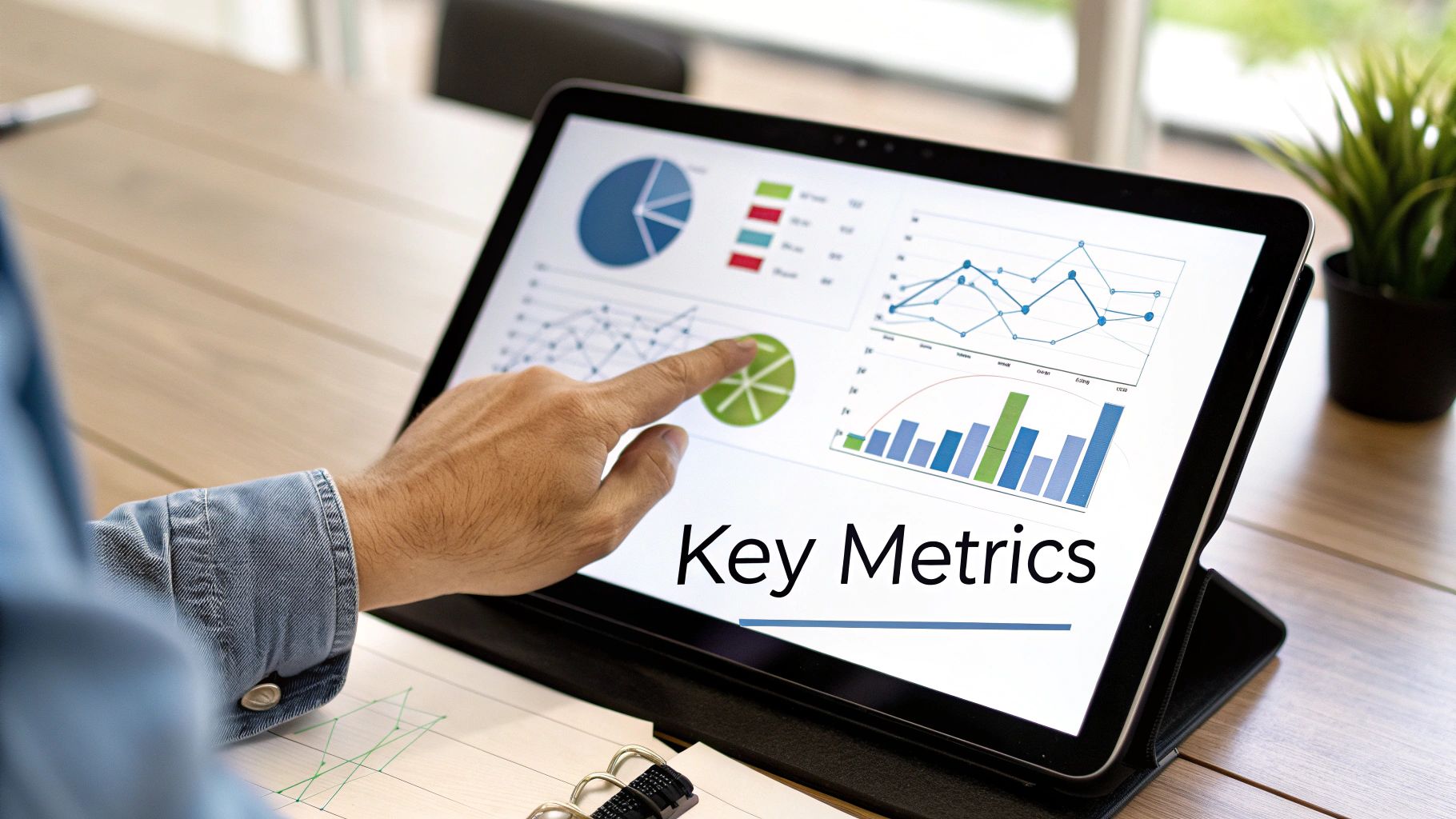 A hand points at a tablet displaying various charts, graphs, and the text "Key Metrics".