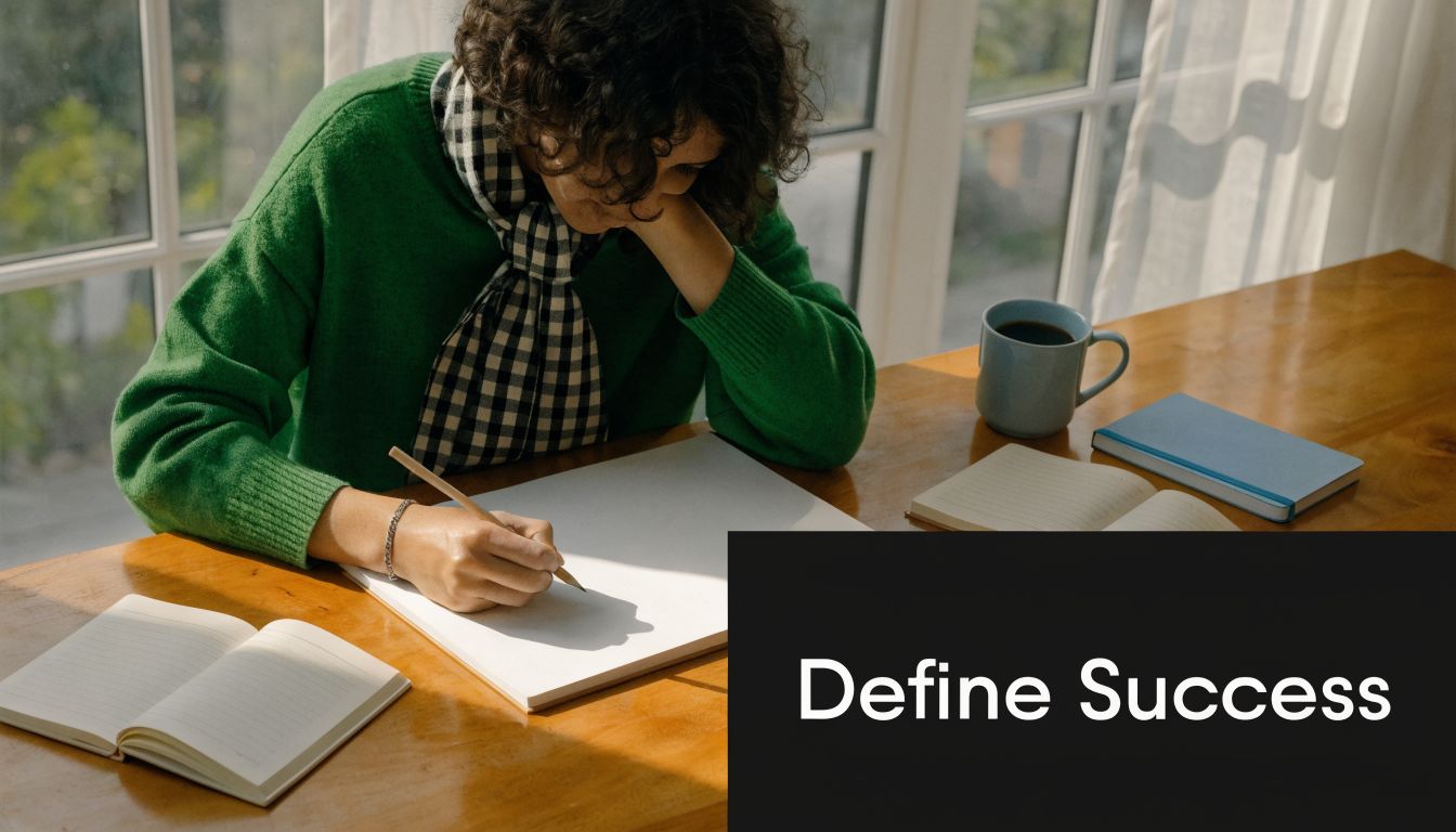 A person writing in a notebook at a sunlit desk with a cup of coffee nearby.