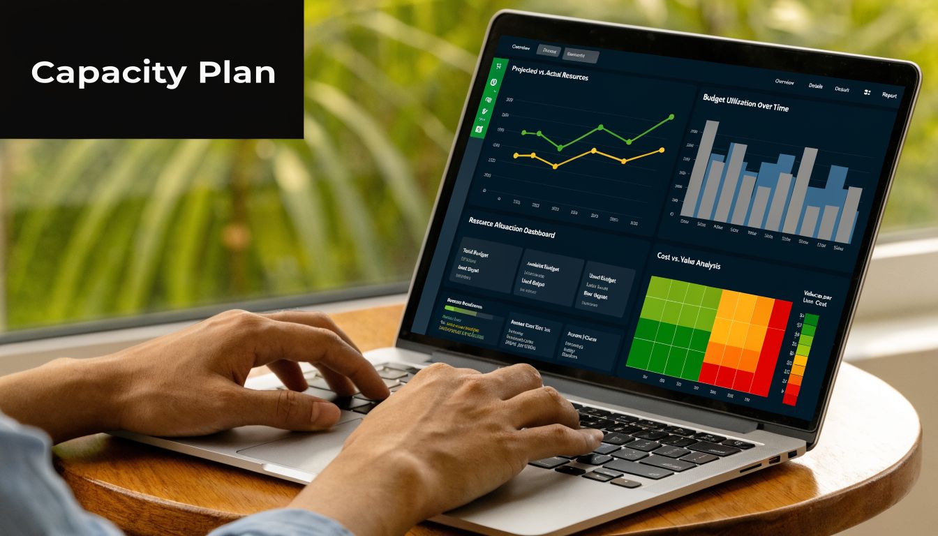 A person uses a laptop displaying complex business capacity planning data dashboards and resource utilization charts.