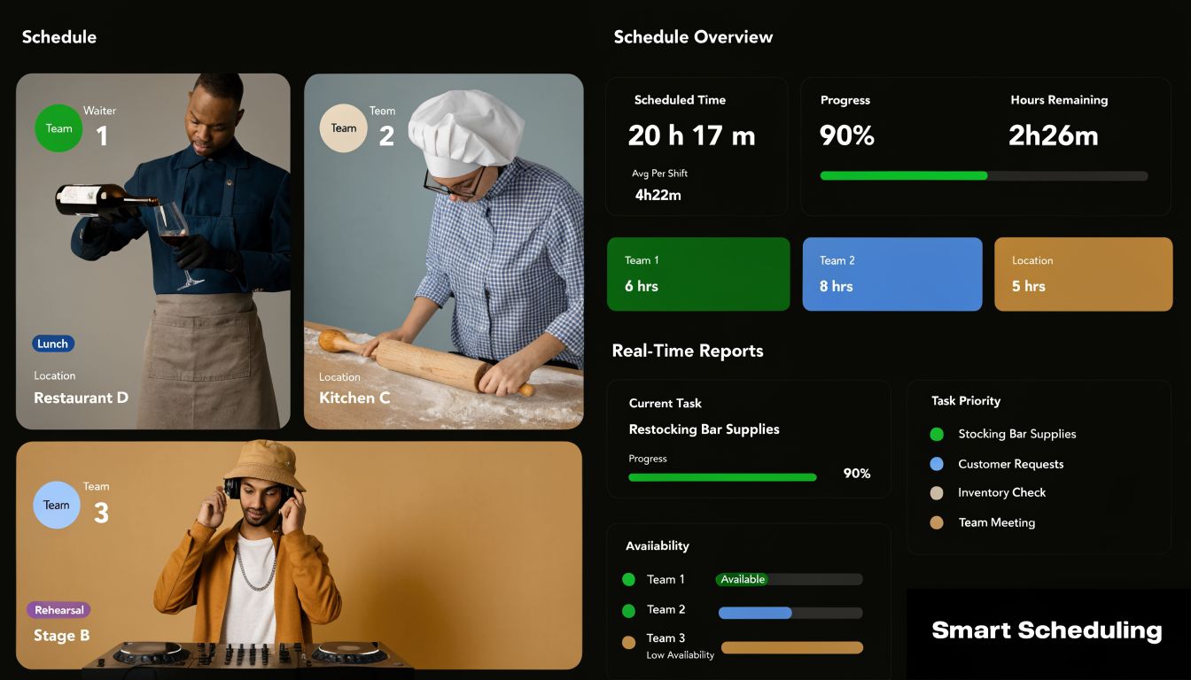 A digital dashboard showing restaurant staff schedules, team availability, real-time progress, and task management for summer programs.