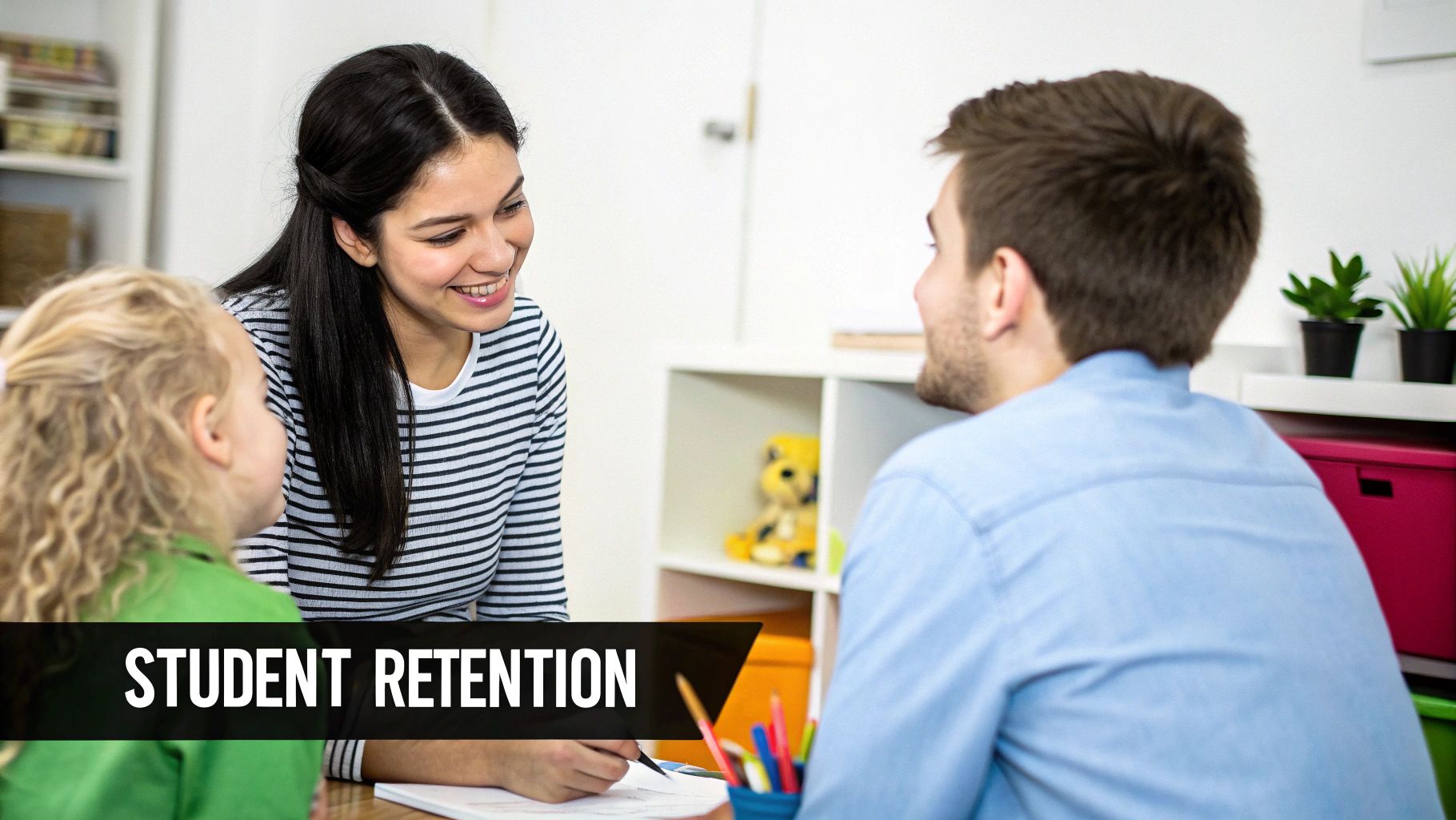 A female tutor smiles and interacts with a child and a man, discussing student retention.
