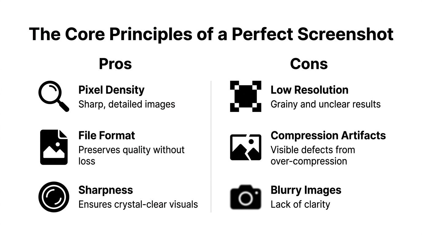 A comparison chart outlining the pros and cons of factors affecting screenshot quality for digital content.