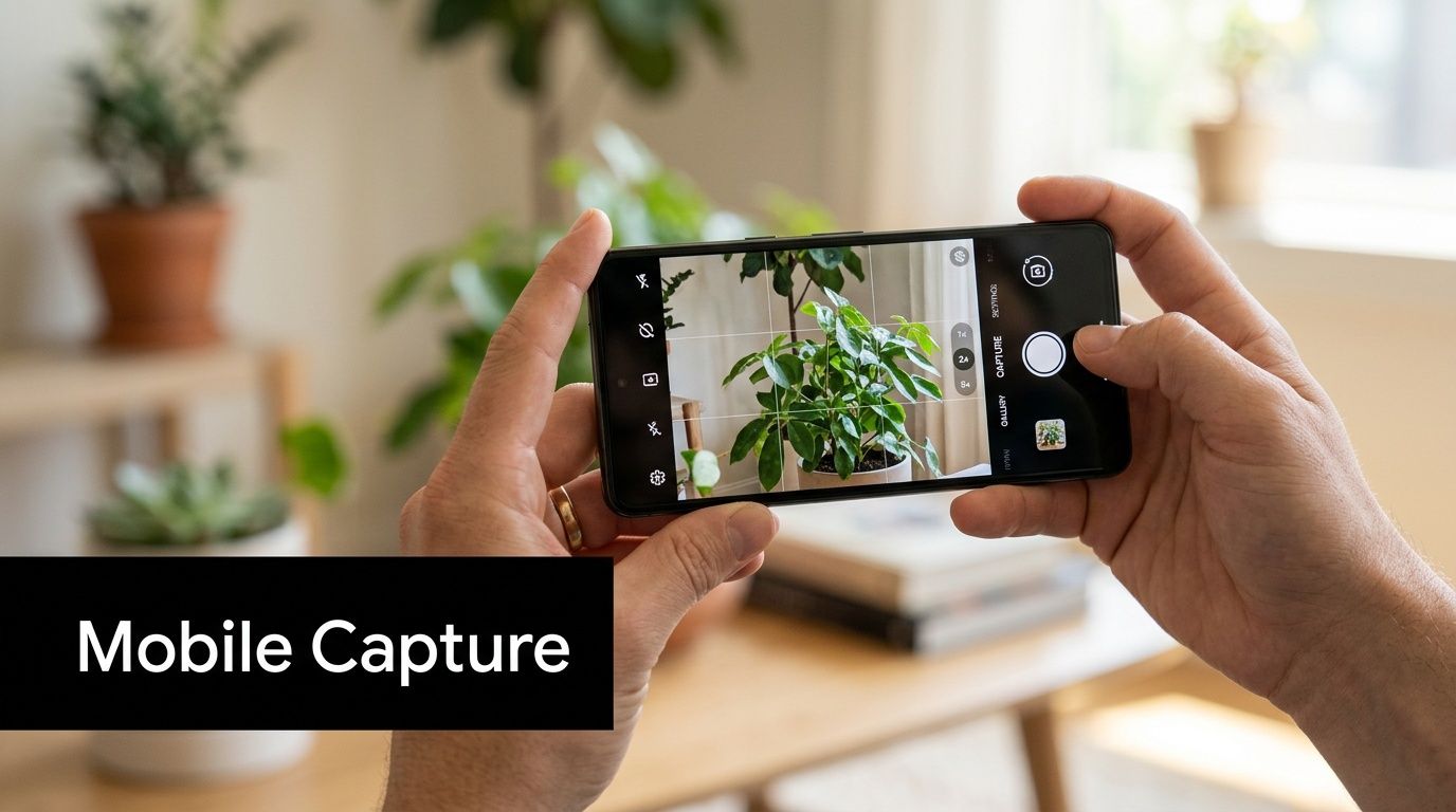 A person holding a smartphone to capture a high-quality photo of a green houseplant indoors.