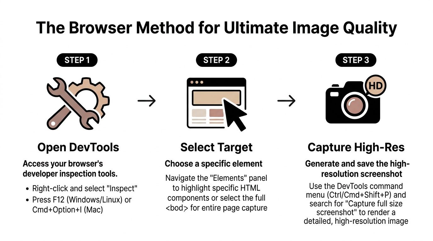 A three-step infographic showing how to use browser developer tools to capture high-resolution website screenshots.