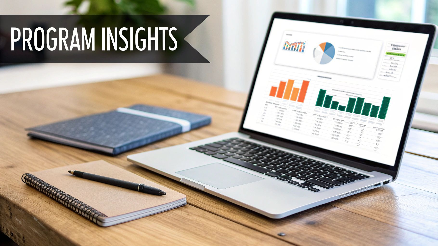 Laptop displaying program insights, charts, and graphs on a wooden desk with a notebook and pen.