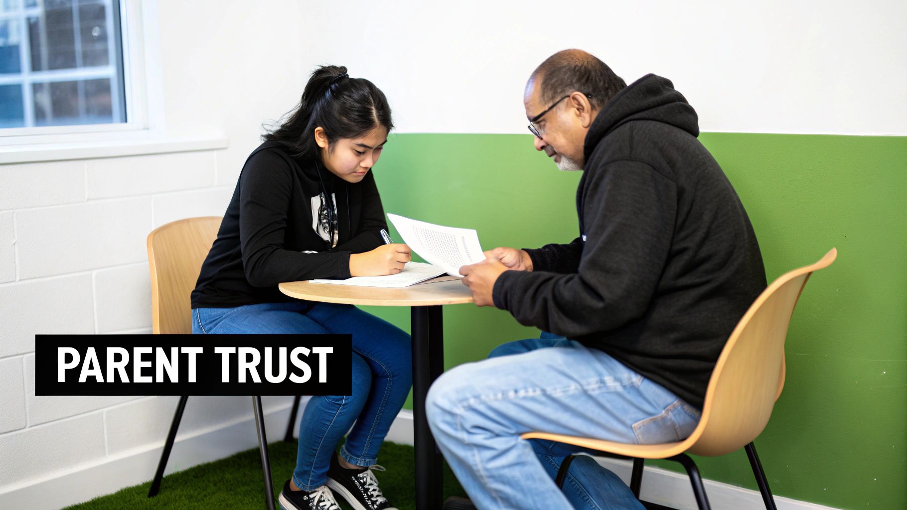 A young woman and an older man, likely a parent, sit at a table reviewing documents, with the woman writing.